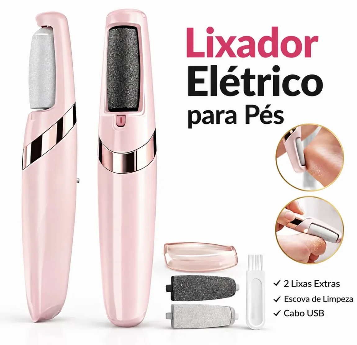 Lixador elétrico para os pés rosa e acessórios